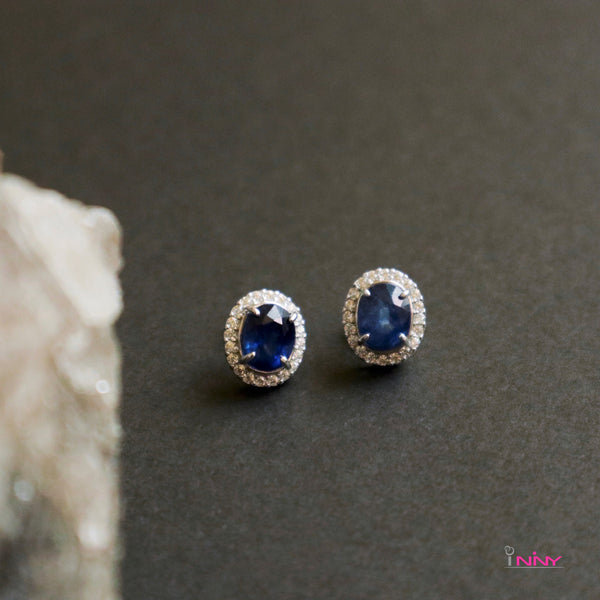 Blue Sapphire with Surrounding Sapphire Stud Earrings