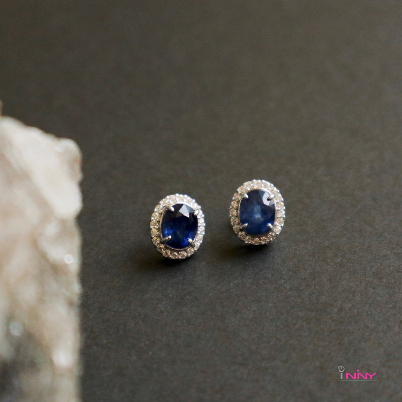 Blue Sapphire with Surrounding Sapphire Stud Earrings