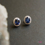 Blue Sapphire with Surrounding Sapphire Stud Earrings