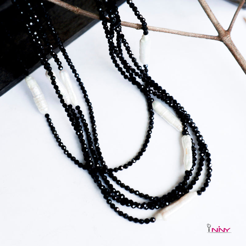 5-Line of Black Spinel & Fresh Water Pearl Necklace