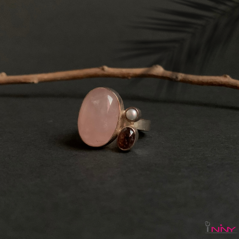 Rose Quartz By Side with Pearl and Tourmaline Ring