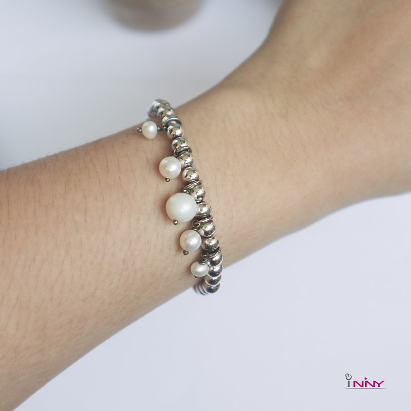 Fresh Water Pearl in Silver Beads Bracelet